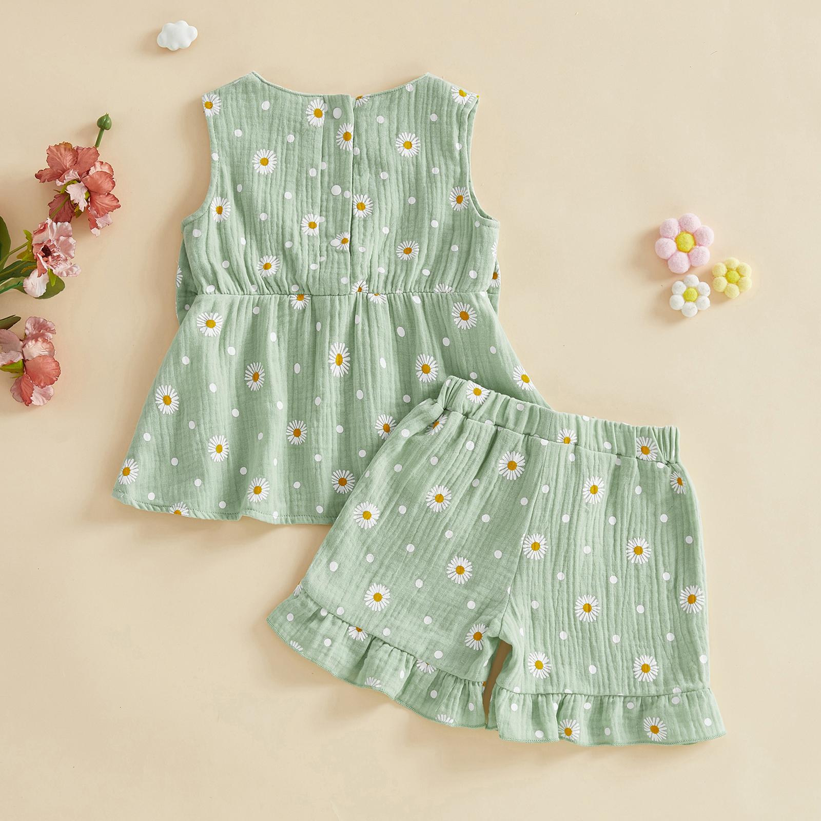 Toddler Baby Girl Outfit Summer Clothes Bow Print Bowknot Smocked Camisole Tank Top Ruffle Shorts Set