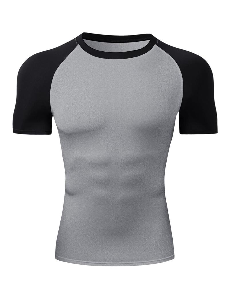 Men's Round Neck Sports Tee, Summer Clothes Tight Athletic Compression Shirts Quick Drying Breathable Crew Neck Short Sleeve T-shirt for Gym Workout Running, Casual Sporty Top