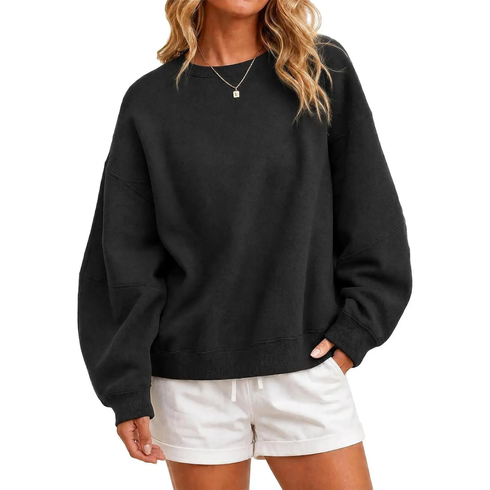 Flowyair Women's Crewneck (Round Neck) Fleece Pullover Sweatshirt - Minimalist, Basic, Long-Sleeves, Ribbed Design, Drop Shoulder, Loose Fit, Workout, Fall Winter Daily Wear