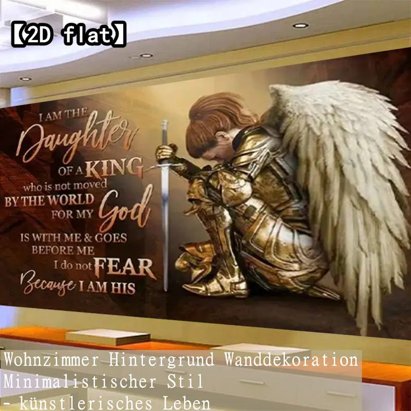 【2D flat】Angel Prayer Painting, golden armor, divine atmosphere. A frameless minimalist canvas wall art, stylish home decor, suitable for sofa, dining room, living room, hallway, art mural decoration.