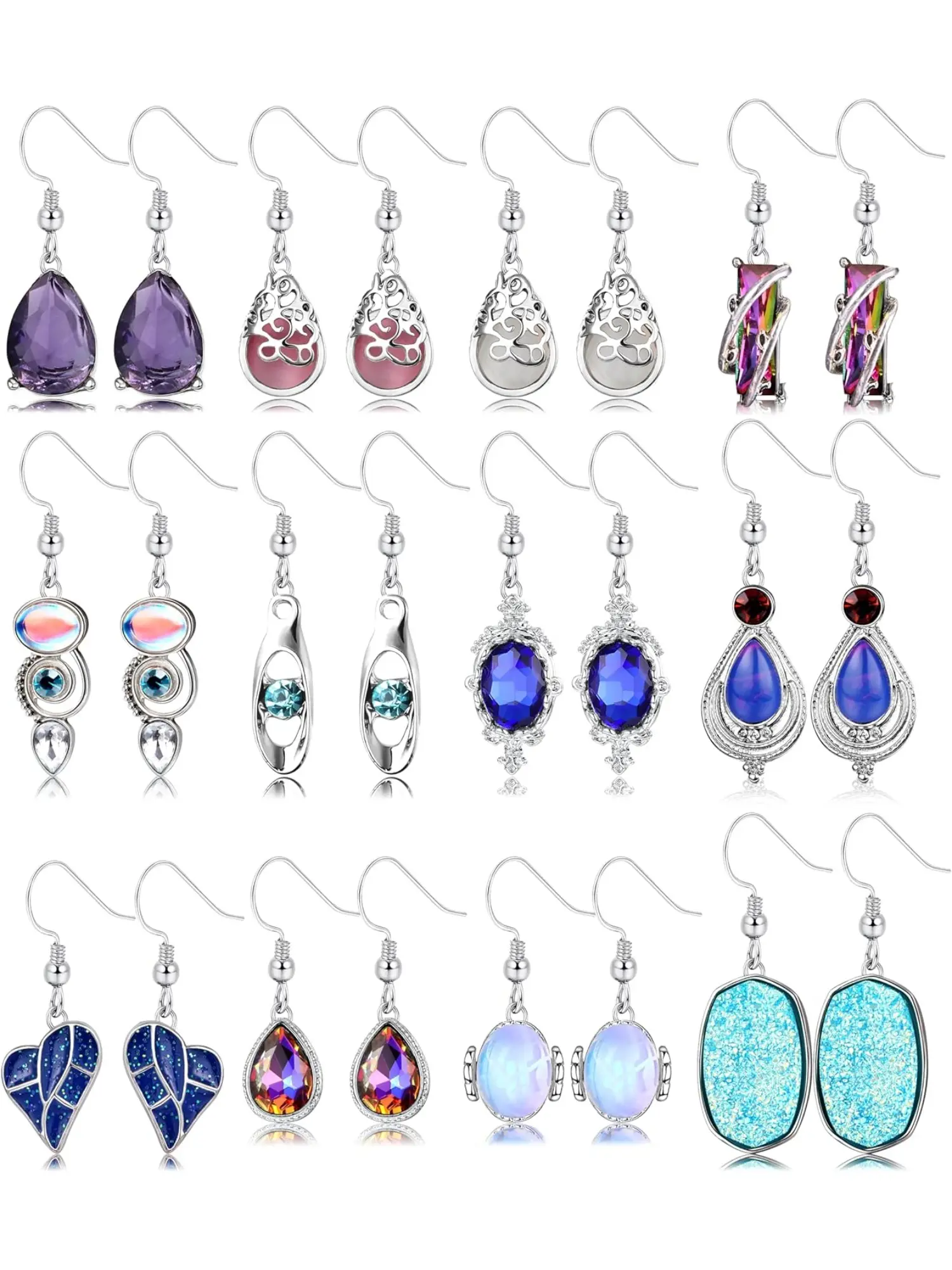 12 Pairs Silver Tone Earring Set for Women & Teen Girls, Vintage Bohemian Teardrop Druzy Crystal Drop Dangle Earrings, Inlaid Cubic Zirconia Stackable Piercing Jewelry Set, Perfect for Daily Wear, Dating, Party, Beach Vacation & Holiday Birthday Gift