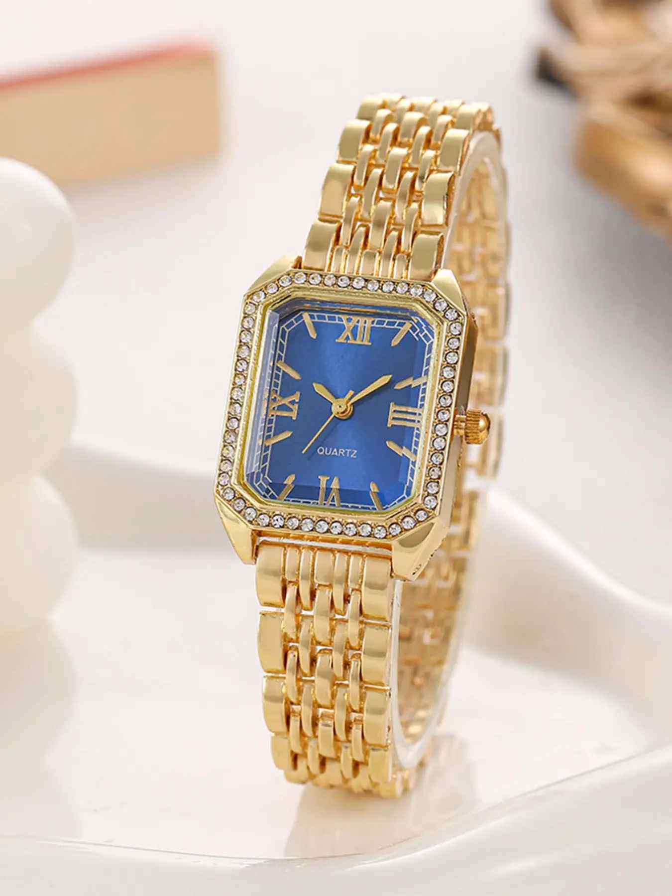 Women's Quartz Watch, Square Roman Numerals, Vintage Style, Diamond Bezel, Metal Strap, Multicolor Dial, Casual All-Season Wear