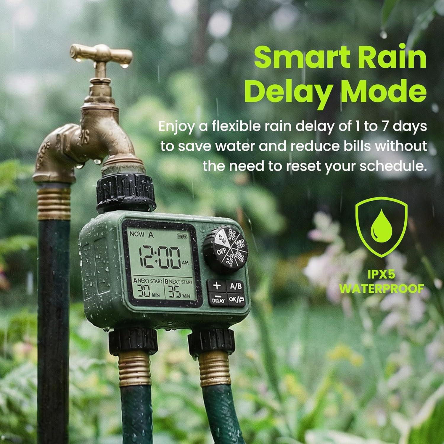 Sprinkler Timer for Garden Hose, Programmable 1 or 2 Outlet Controller with Self-Cleaning Valve, 15-Day Frequency, Large Dial, Rain Delay & Auto-Off, IPX5
