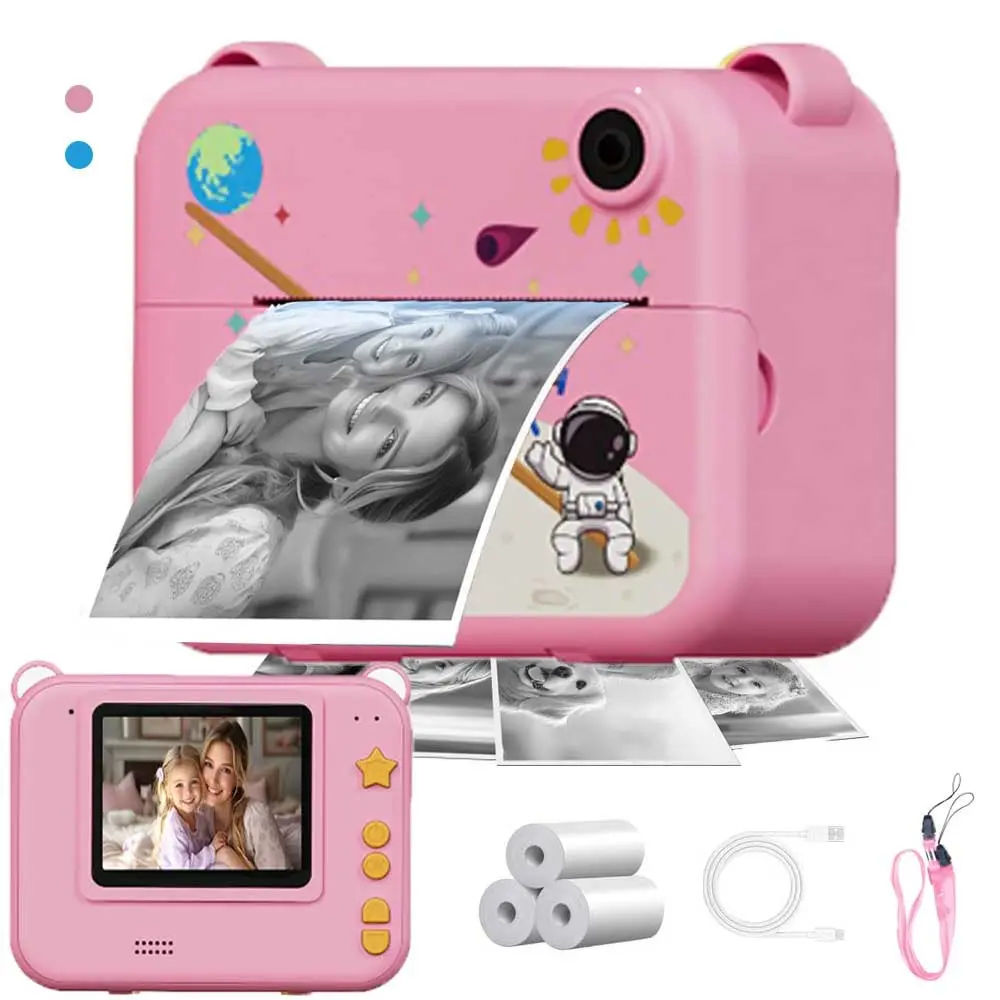 Cartoon Astronaut Pattern Mini Instant Print Camera Toy, 1 Count Digital Selfie Camera with 3 Rolls Printing Paper & Lanyard, Birthday Gift for Kids