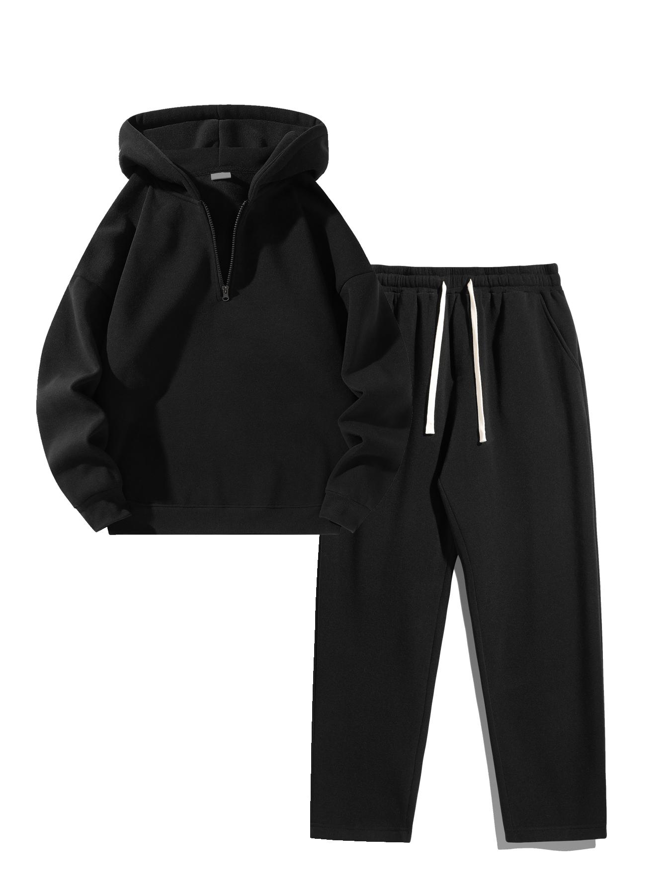 Two-Piece Set Men's Solid Knit Zip Up Hoodie & Drawstring Waist Sweatpants Two-piece Set, Casual Regular Fit Long Sleeve Hooded Sweatshirt & Elastic Waist Pocket Jogger Pants, Men's Two-piece Outfits for Fall & Winter
