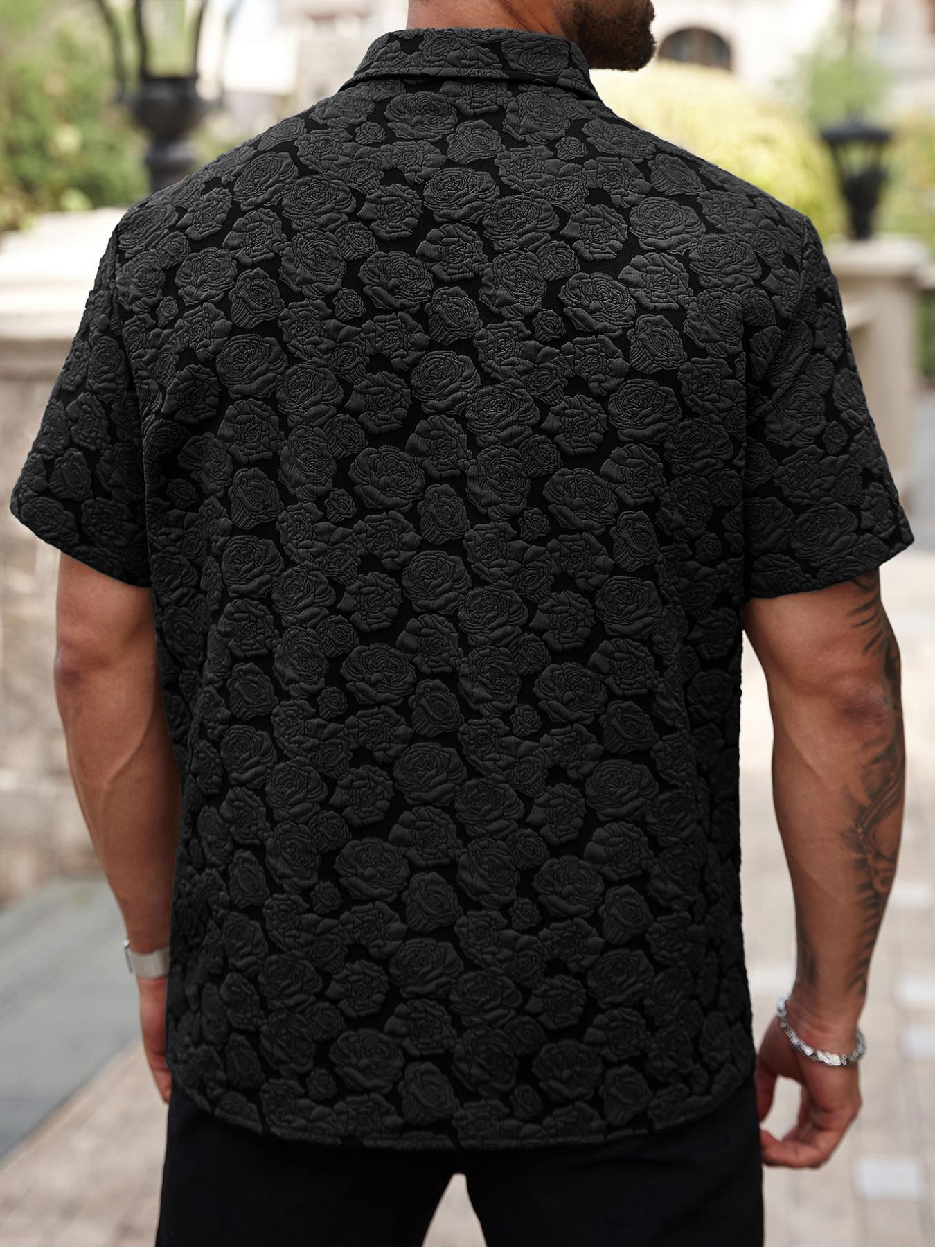 Men's Casual Short Sleeve Shirt with Rose Pattern, Casual Party Shirt, Retro Luxe Textured Coffee Shirt for All Seasons, Casual Stylish Menswear, Great Gift for Boyfriends