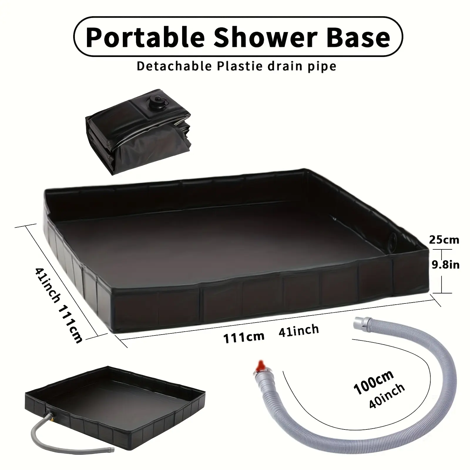 [Portable Foldable Shower Tray] Durable Plastic 41"x41"x10" Portable Foldable Shower Tray with Detachable Drain Pipe - Square Portable Shower Base for RV, Outdoor & Indoor Use - Includes 1m Hose for Easy Installation, Adults, Rv Bathroom Essentials, Compa
