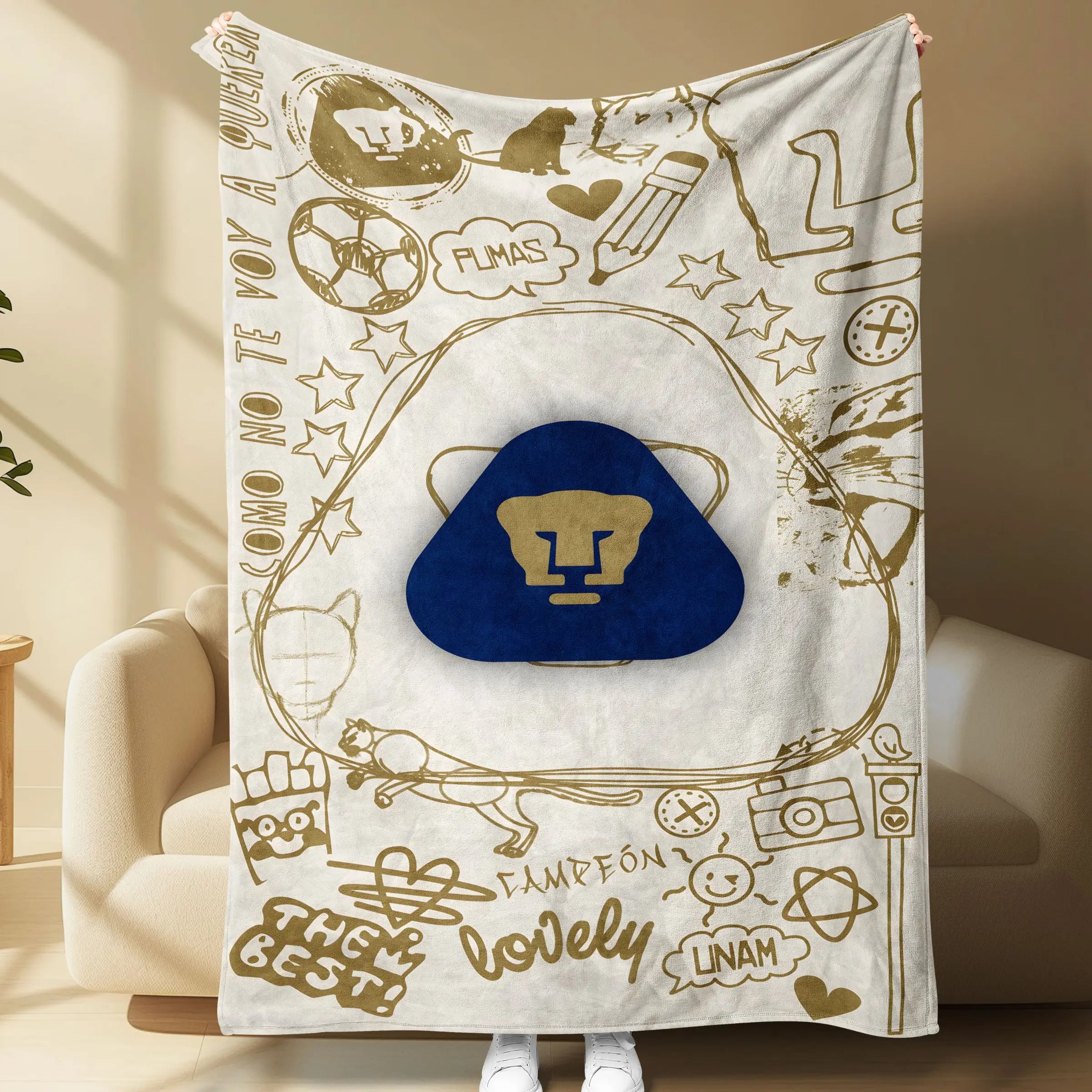 Pumas Unam Soccer Flannel Blanket, Soft Cream Color Plush Throw, Pumas Logo Doodle, Cozy Liga Mx Fan Blanket for Sofa Bed Nap Travel Gift