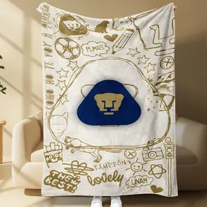 Pumas Unam Soccer Flannel Blanket, Soft Cream Color Plush Throw, Pumas Logo Doodle, Cozy Liga Mx Fan Blanket for Sofa Bed Nap Travel Gift