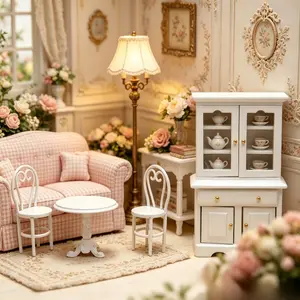 4Pcs 1:12 Dollhouse Miniature Furniture Set White European Dining Table Chairs Sideboard Model Mini Scene Decor Christmas Easter New Year Gift