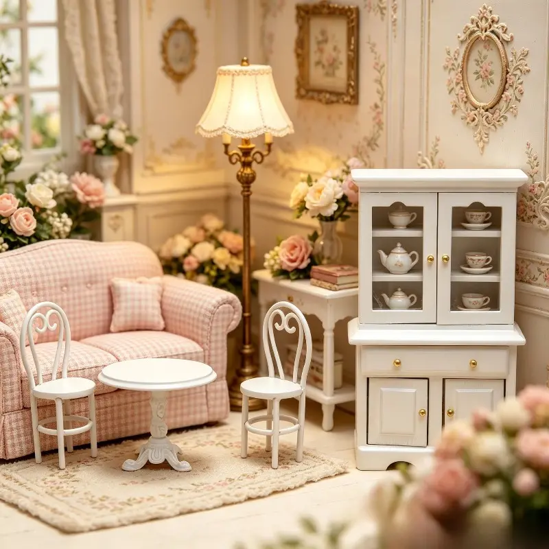4Pcs 1:12 Dollhouse Miniature Furniture Set White European Dining Table Chairs Sideboard Model Mini Scene Decor Christmas Easter New Year Gift