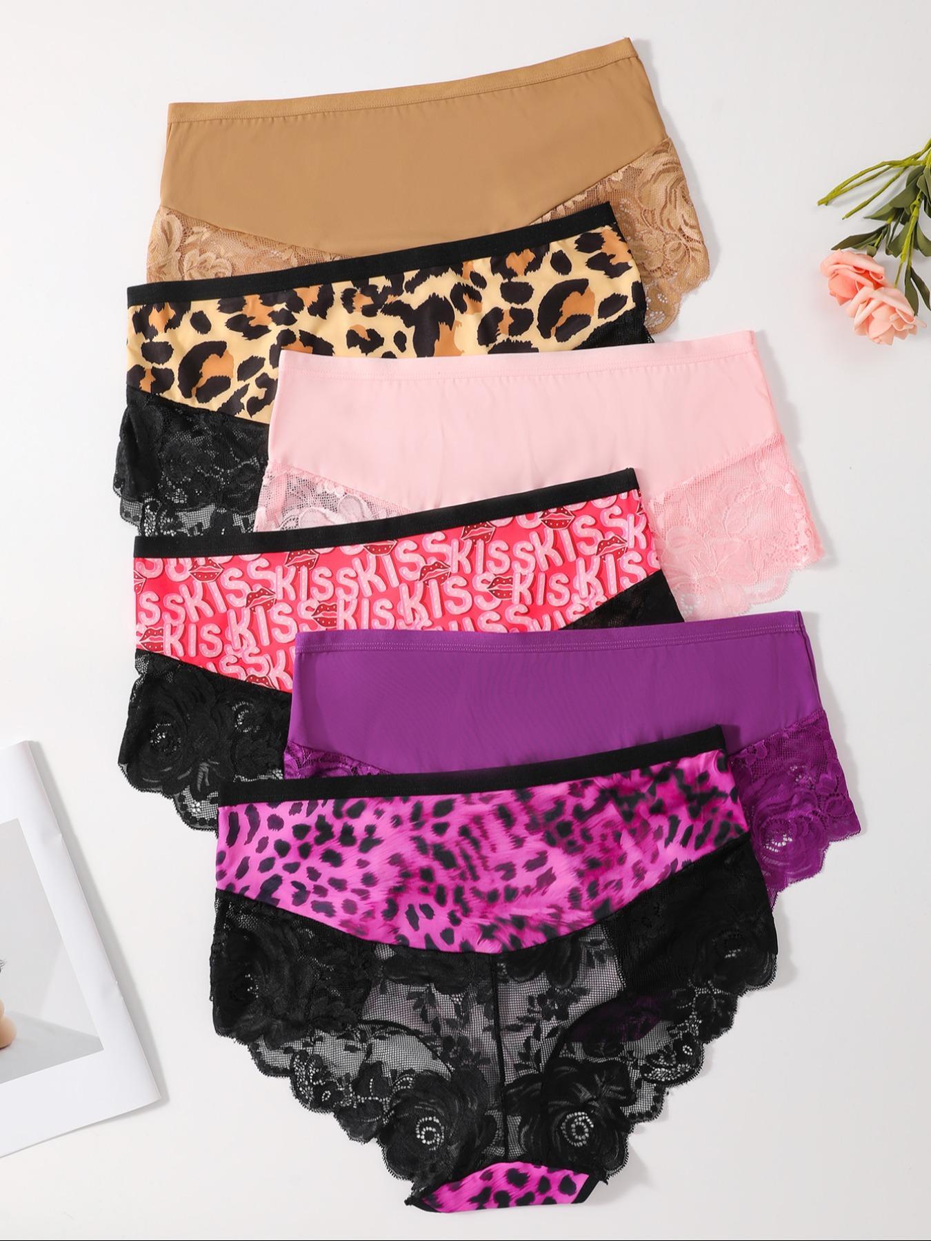 [Plus Size] Solid / All Over Print Leopard Contrast Lace Panty, Breathable Comfortable Panties for Daily Wear, Women's Underwear for All Seasons, Soft Stylish Brief