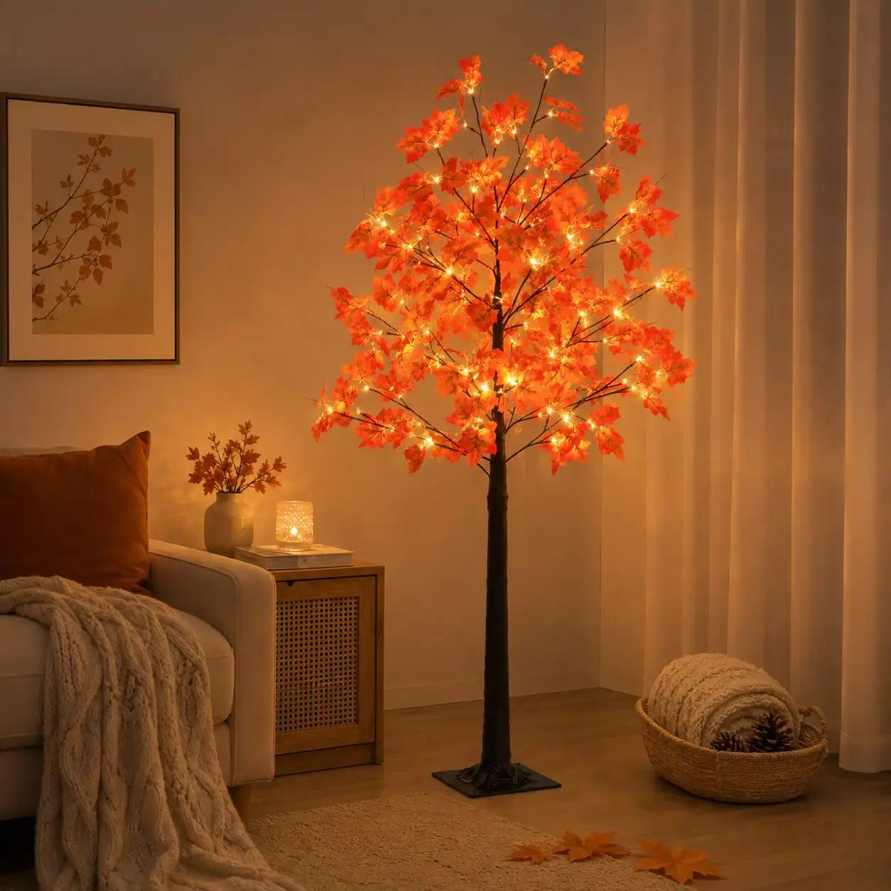 6FT Lighted Maple Tree Lamp, USB Powered Fall Decor with Remote, 8 Lighting Modes Artificial Maple Leaf Tree for Indoor Living Room, Bedroom, Halloween & Thanksgiving Decoration