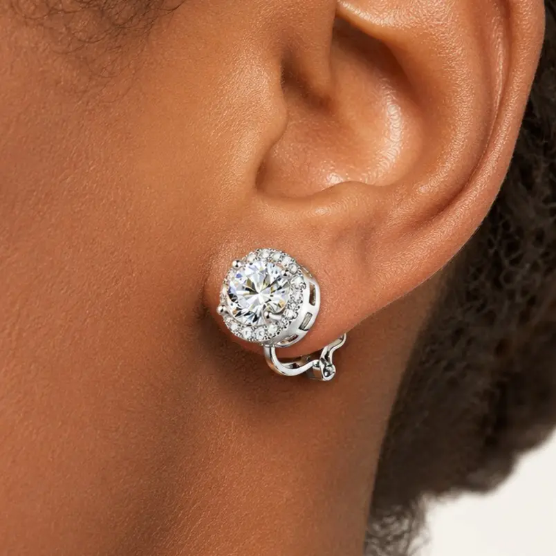 18K White Gold Plated Clip On Earrings for Women No Piercing Needed, 1cm Round Halo CZ Stud Earrings with Comfort Silicone Pads, Hypoallergenic Fake Piercing Earring for Non Pierced Ears