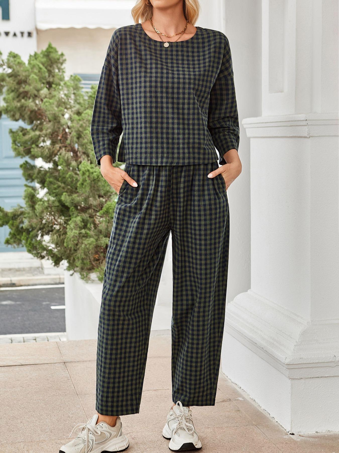 Women's Fall Casual Plaid Print Woven Set, Loose Fit Long Sleeve Top & Elastic Waist Wide Leg Pants Two-Piece for Home Wear, Clothes