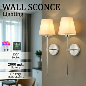 2 Pcs LED Wall Lamps, USB-Rechargeable, Powered By 2000mAh Battery, Modern RGB Bulbs with Remote Control, Dimmable, Minimalist Fabric Shade, Suitable For Bedroom, Living Room, Study, and Hallway Indoor Decorative Lighting