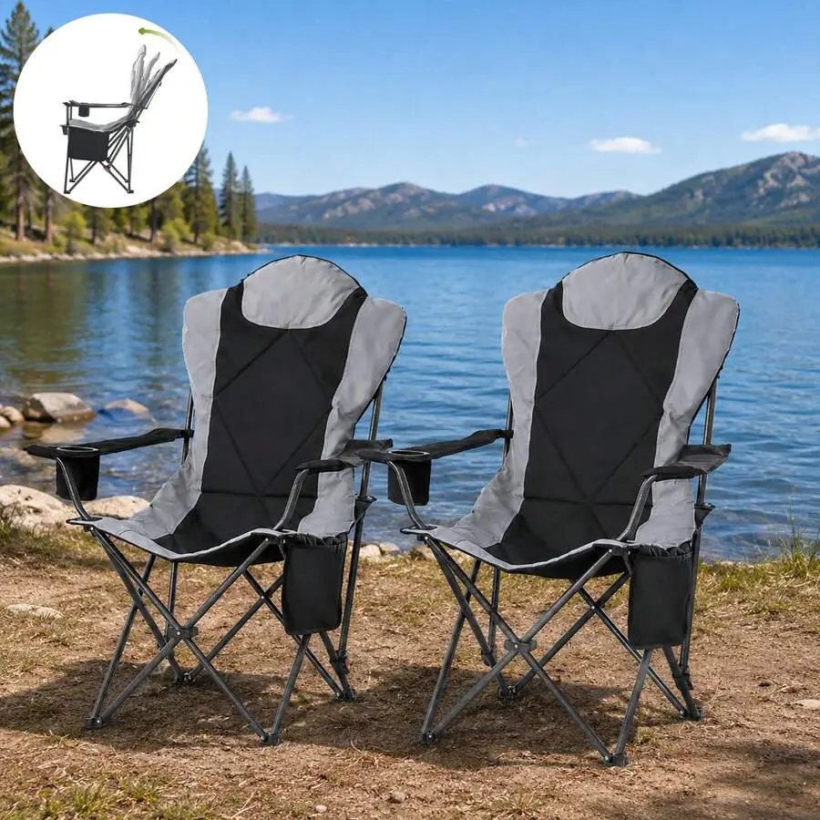 2 Pack Folding Camping Chairs, Heavy Duty 350lbs Capacity With Adjustable Backrest, Portable Outdoor Chairs With Carry Bag