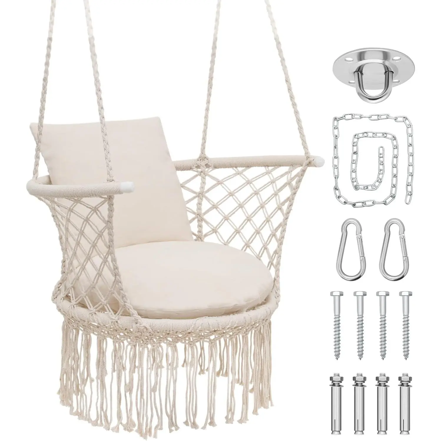 Macrame Hammock Chair with Mounting Hardware Kit, Beige | Cotton Woven Rope, Supports up to 350 lbs, Boho Hanging Rope Swing Chair for Reading, Meditation, or Relaxation