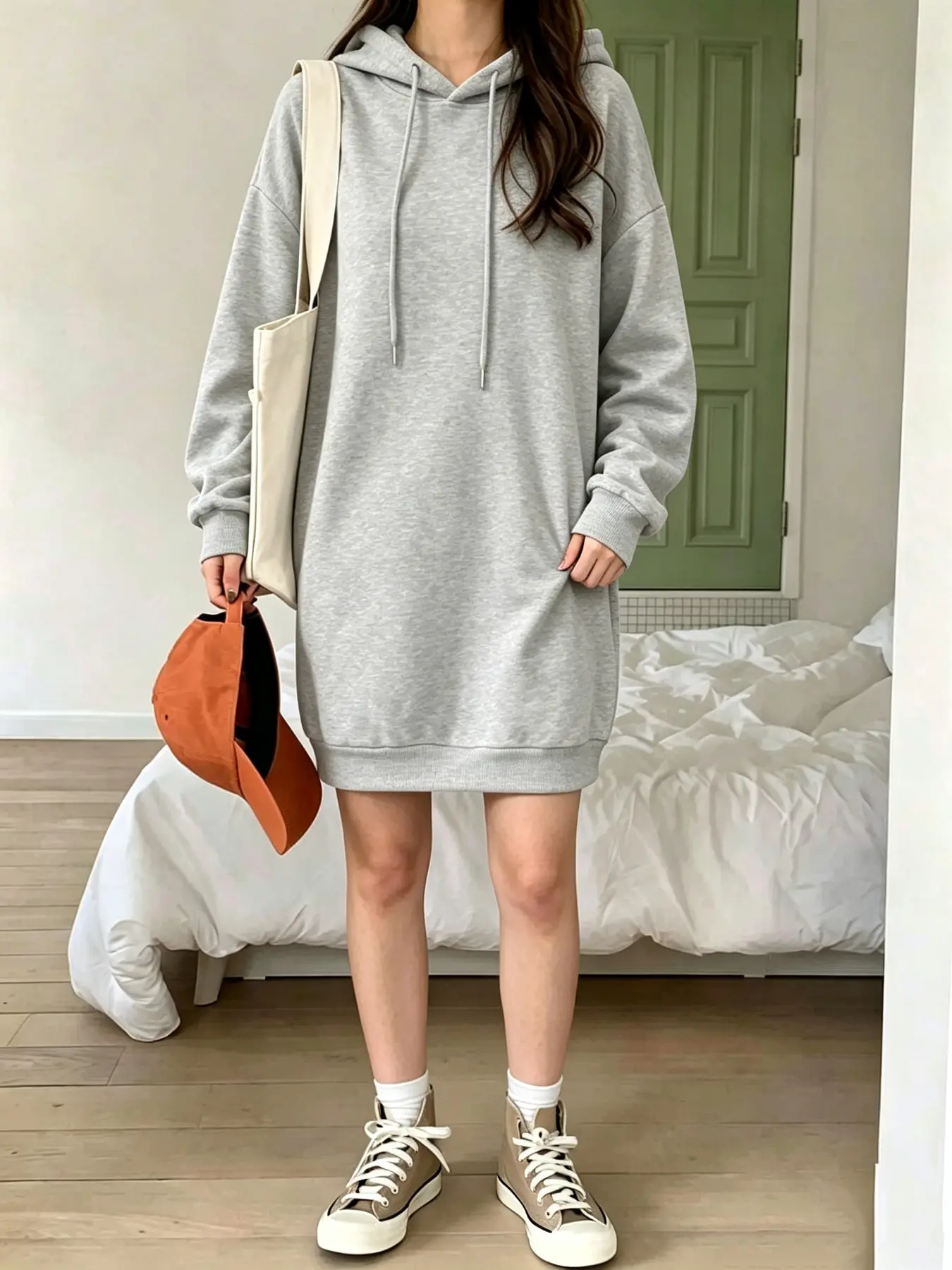 Women's Casual Hooded Dress, Loose Fit Drawstring Long Sleeve, Plain Pattern Street Style, Comfortable Basic Pullover Skirt