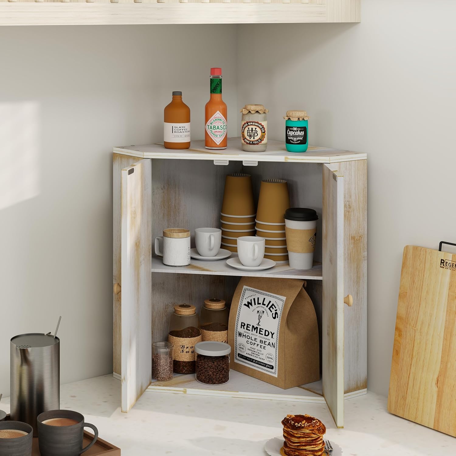 Corner Bread Box for Kitchen Counter Double Layer  Bread Storage Container Large Capacity Bread Storage Bin Farmhouse Breadbox Organizer