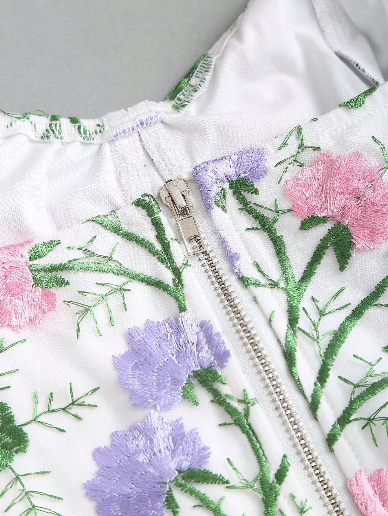 Floral Embroidery Bustier Top - Romantic Cottagecore Corset Top for Summer,Floral Mesh Corset Bustier with Delicate Embroidery