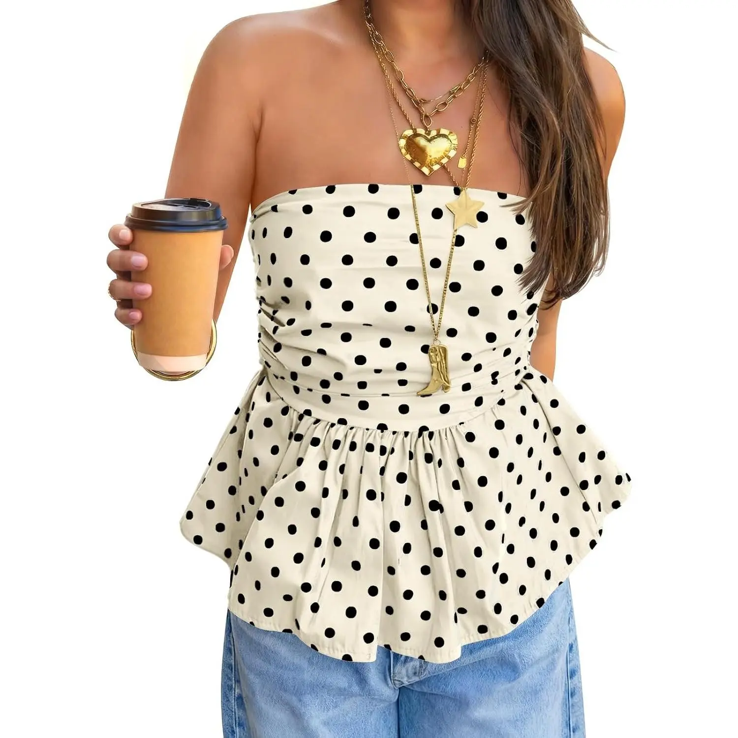 Women's Strapless Polka Dot Peplum Tube Top Cute Y2K Summer Bandeau Top with Ruffle Hem Babydoll Blouse for Date Night Outfits