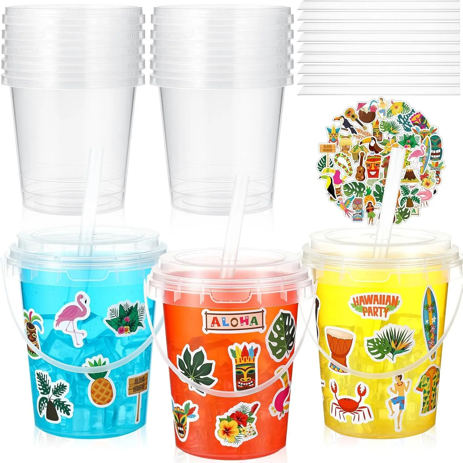 Funnymoom 12 Sets 34 oz Plastic Drink Buckets with Lid and Straws Stickers Clear Drink Cup Disposable Cocktail Rum Buckets Reusable for Beach Pool Party Favors (Hawaiian)