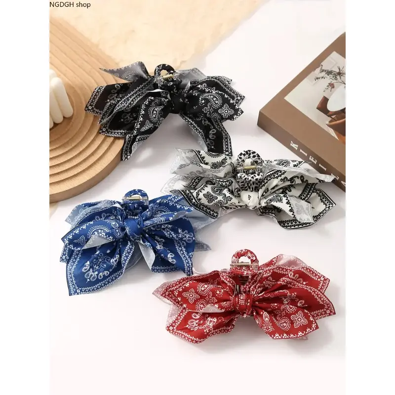 Bow Hair Claw Clip - Bandana Pattern Large Scarf Bow Hair Claw, Vintage Style Ponytail Holder for Women, Perfect for Thick Hair & Daily Fashion Accessory