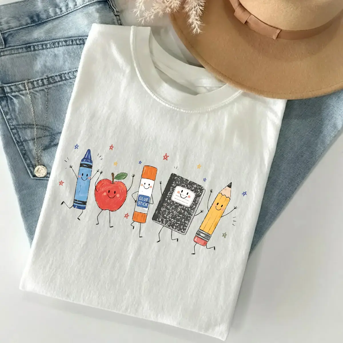 Cute School Supplies Heritage Graphic Tee, Aesthetic Back To School Spirit Shirt, Radiant Teacher Crayon Apple Pencil Notebook Top, Thoughtful Classroom Sublimation Gift Boutique Heritage Apparel