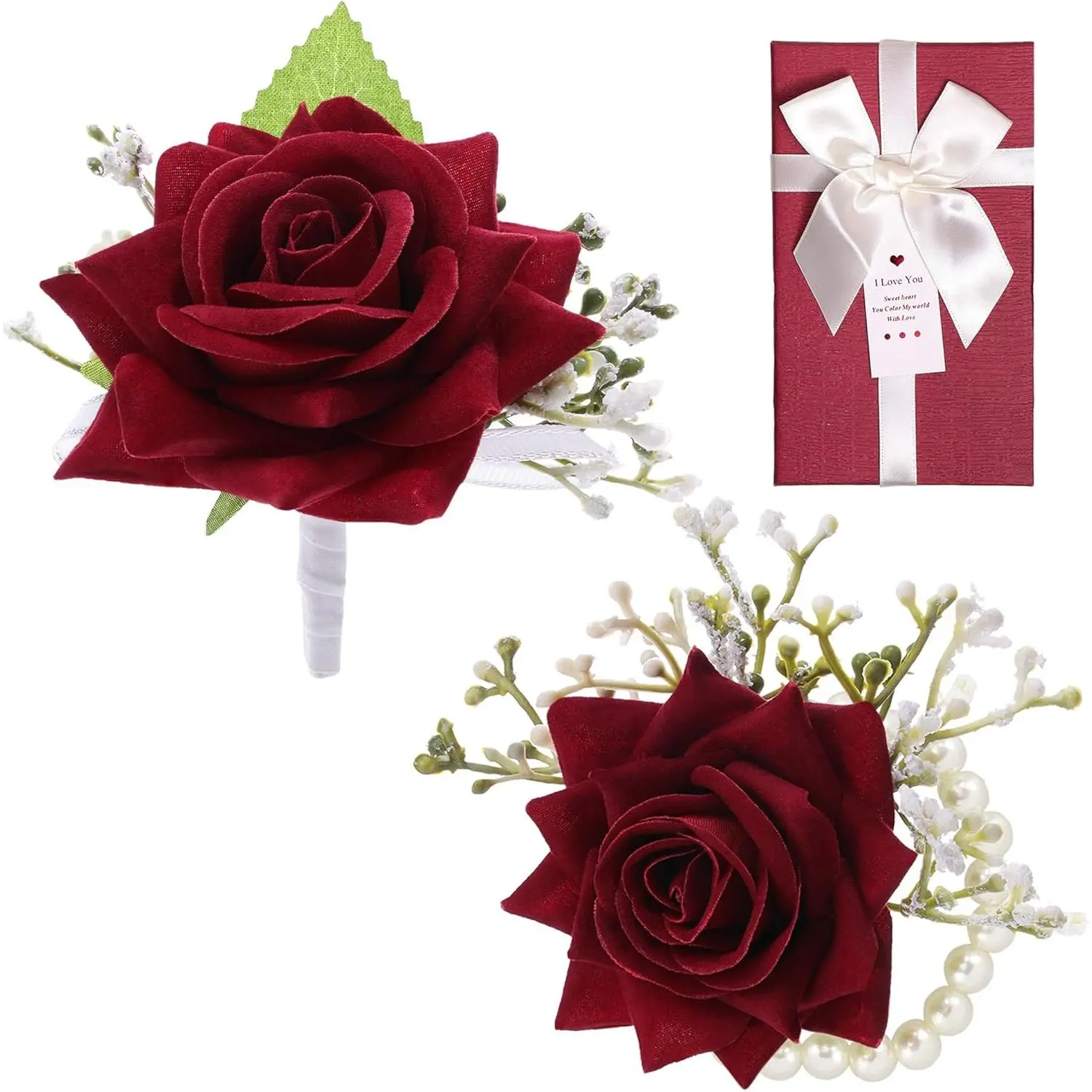 2-Piece Red Rose Corsage and Boutonniere Set, Handmade Silk Formal Flowers for Partner, Wrist Corsage & Pin for Wedding Prom in Gift Box, Silk Fabric, Ceremony, Funerals, Unisex, Handcrafted, Memorial Day Events