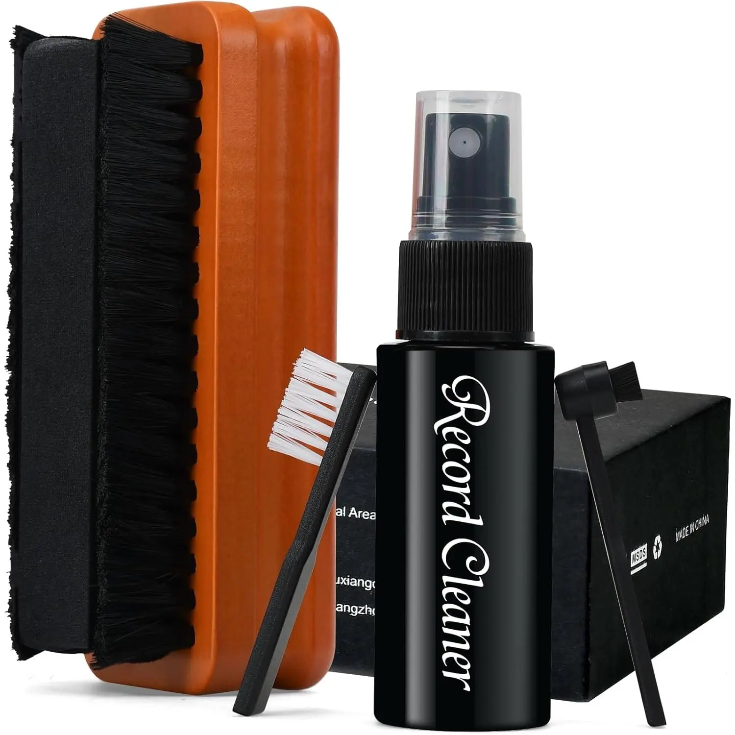 5 in1 Vinyl Records Cleaning Kit, Anti Static Solid Wood Vinyl Record Cleaner Kit, Includes 2in1 Velvet Microfiber Brush, XL Cleaning Liquid, Duster, Stylus Brush, Storage Box for Records Albums