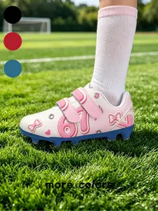 1 Pair Cream Pink Bow Pattern Kids Soccer Cleats, Cute Sweet Sports Style, Easy Velcro Closure & Cushioned Gripping Stud Sole, Athletic Shoes For Little Girls Daily Football And Outdoor Competition