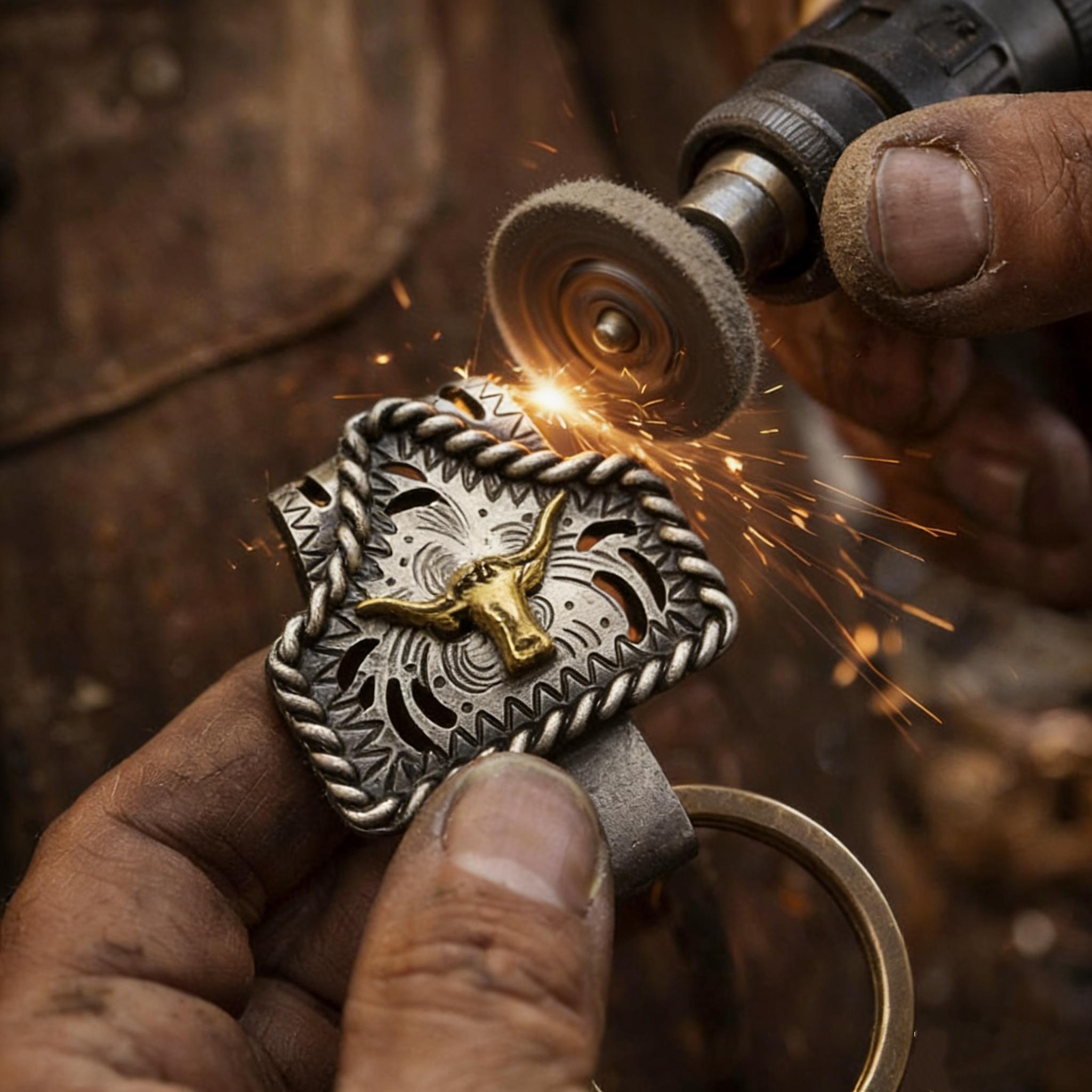 Handmade Cow Tag Belt Key Holder with Copper Initial – Custom Western Keychain, Texas-Inspired Fashion Accessory for Bags, Keys & Gifts perfect family men jewelry