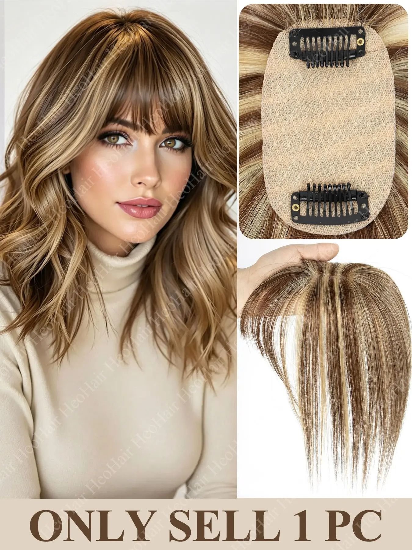Women's Real Human Hair Topper, 5x9cm Natural Straight Hair Piece, 2 Clip In, Center Part, Thinning Hair Bangs, Easy to Use
