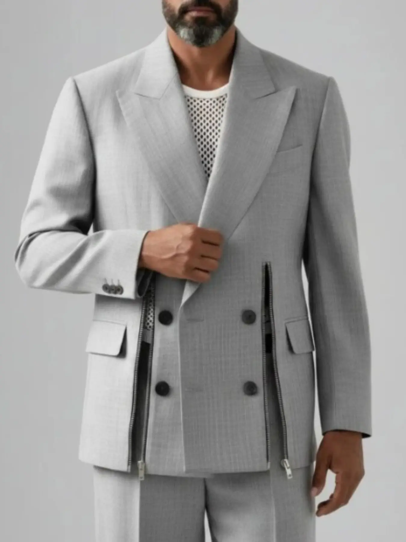 Ainwear Men Peak Lapel Suit Jacket, Light Textured Double-Breasted Blazer, Side Zippers, Modern Smart Casual Mens Suits