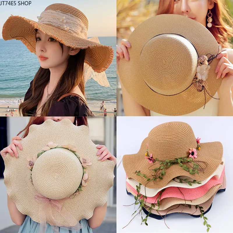 New sweet big bow sunshade straw hat women, fashionable temperament big brim sun hat outdoor sunscreen hat