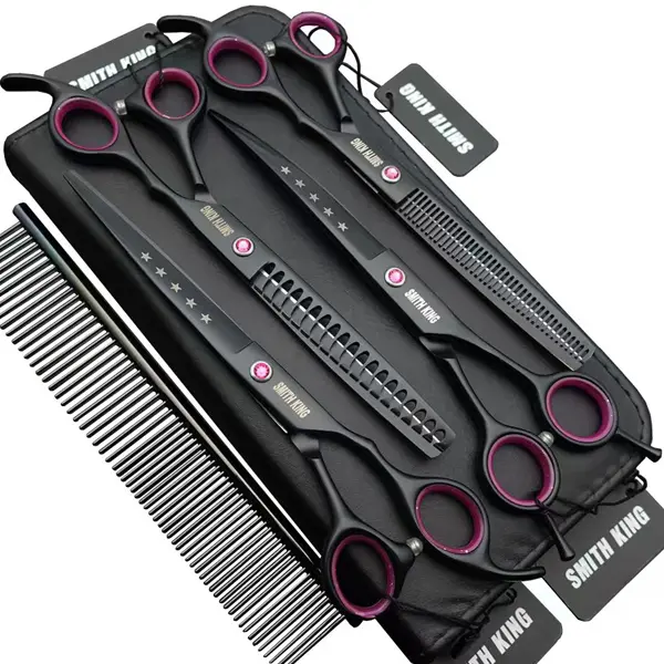 7.0 inches Black Professional Dog Grooming Scissors Set Straight & thinning & Curved & chunkers 4pcs in 1 Set with Comb
