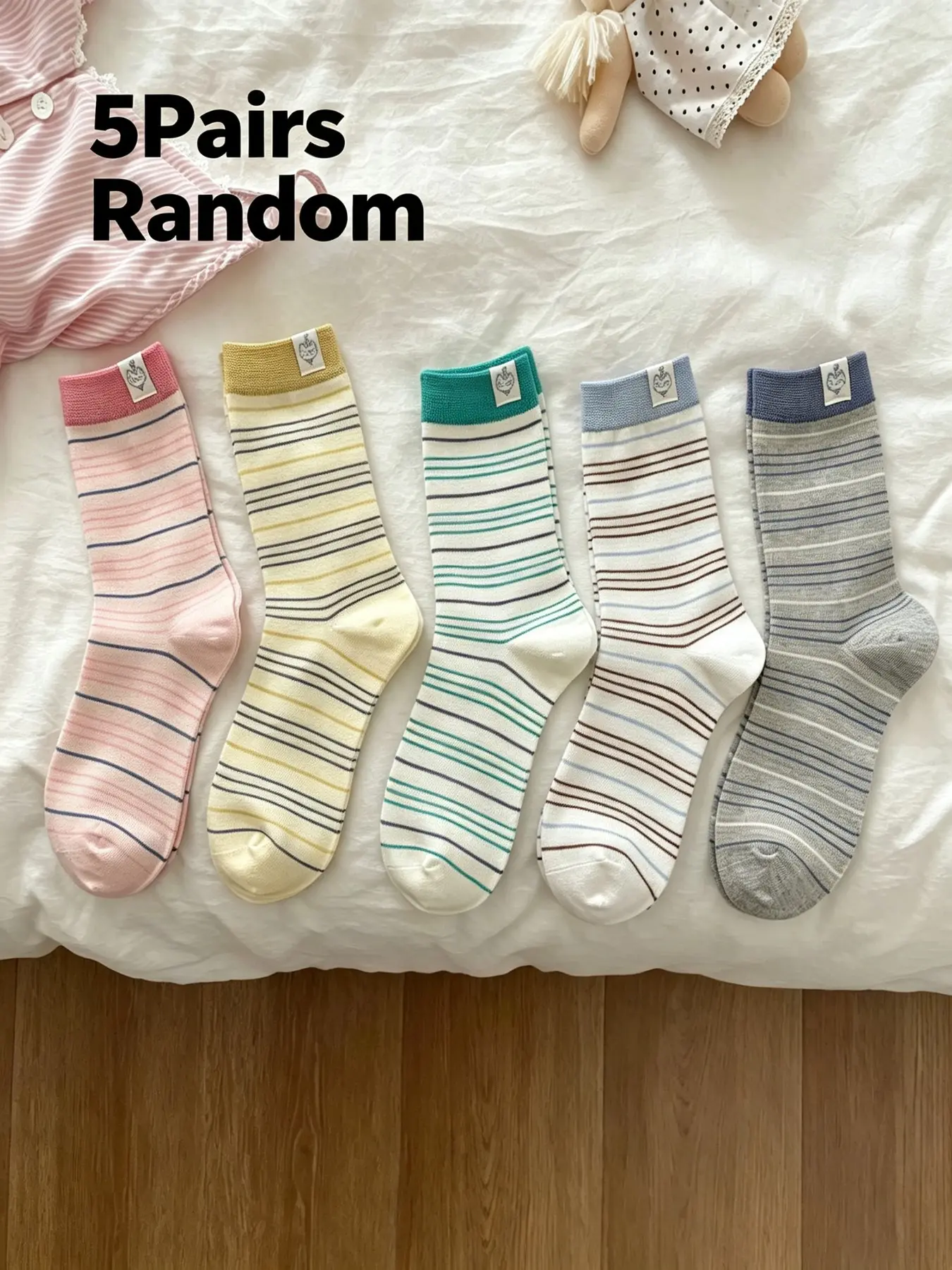 5 Pairs Random Pastel Thin Horizontal Striped Crew Socks, Contrast Color Cuff Small Label Decor Stackable Mid Calf Socks, Elastic Breathable Sweet Minimalist Casual Socks for Teen Girls Women Campus Loungewear Daily Outfits