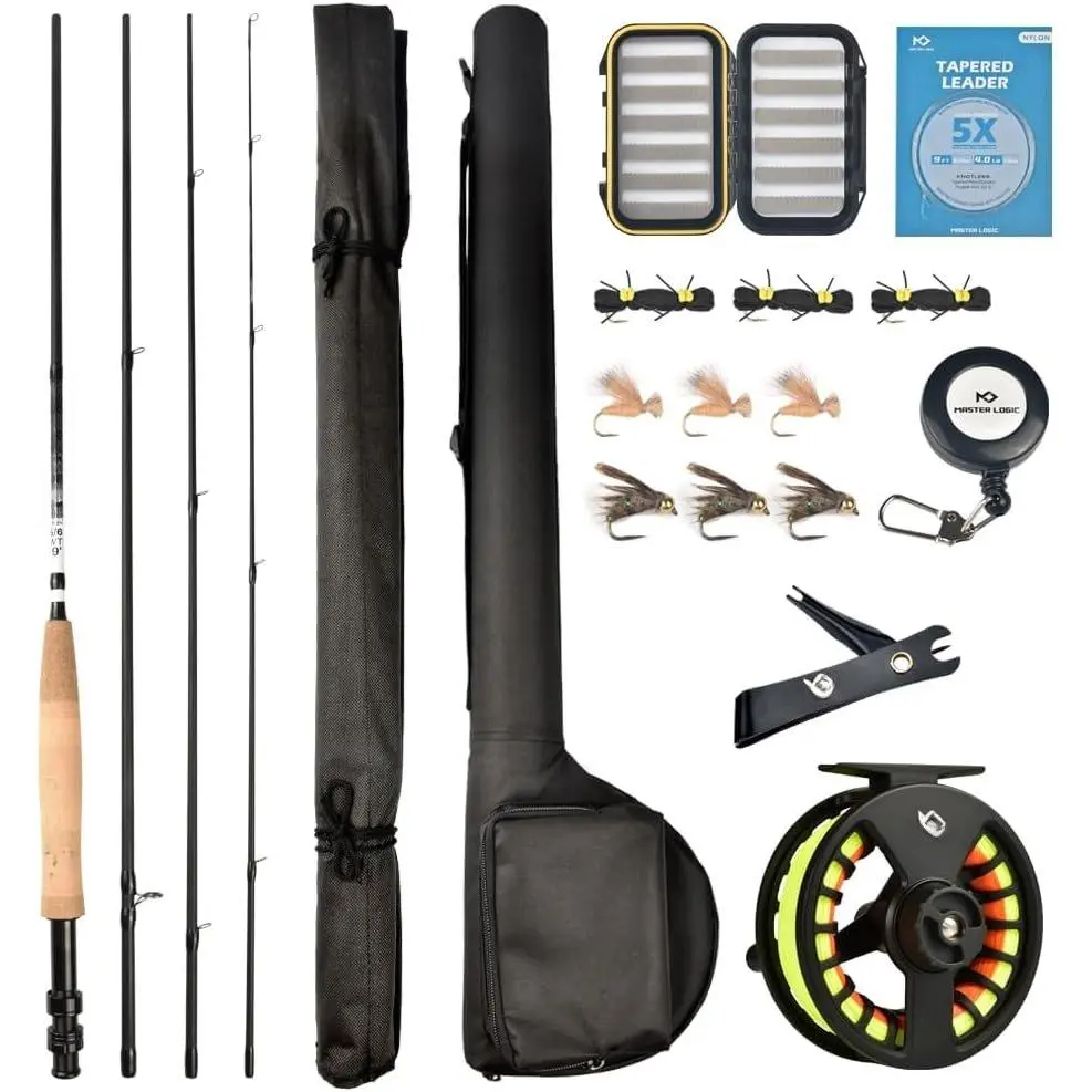 Fly Fishing Combo Starter Kit, Graphite Rod and Reel with Case | Graphite fly rod with cork handle, -cast  reel, fly box, flies, carry case and accessories for beginners
