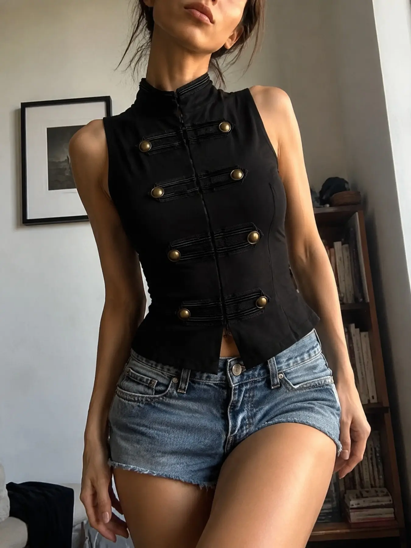 Women's Sleeveless Vest, Elegant Style, Solid Pattern, Summer Wear, Slim-Fitting Design, Copper-Color Buttons, Elegant Sleeveless Cami, Camisole Tank Tops, Fitted Sleeveless Design