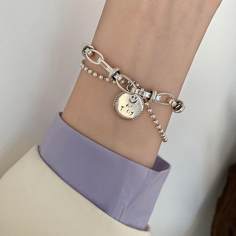Double-layered Chain Bracelet For Women Smiley Face Round Cards Pendant Party Jewelry