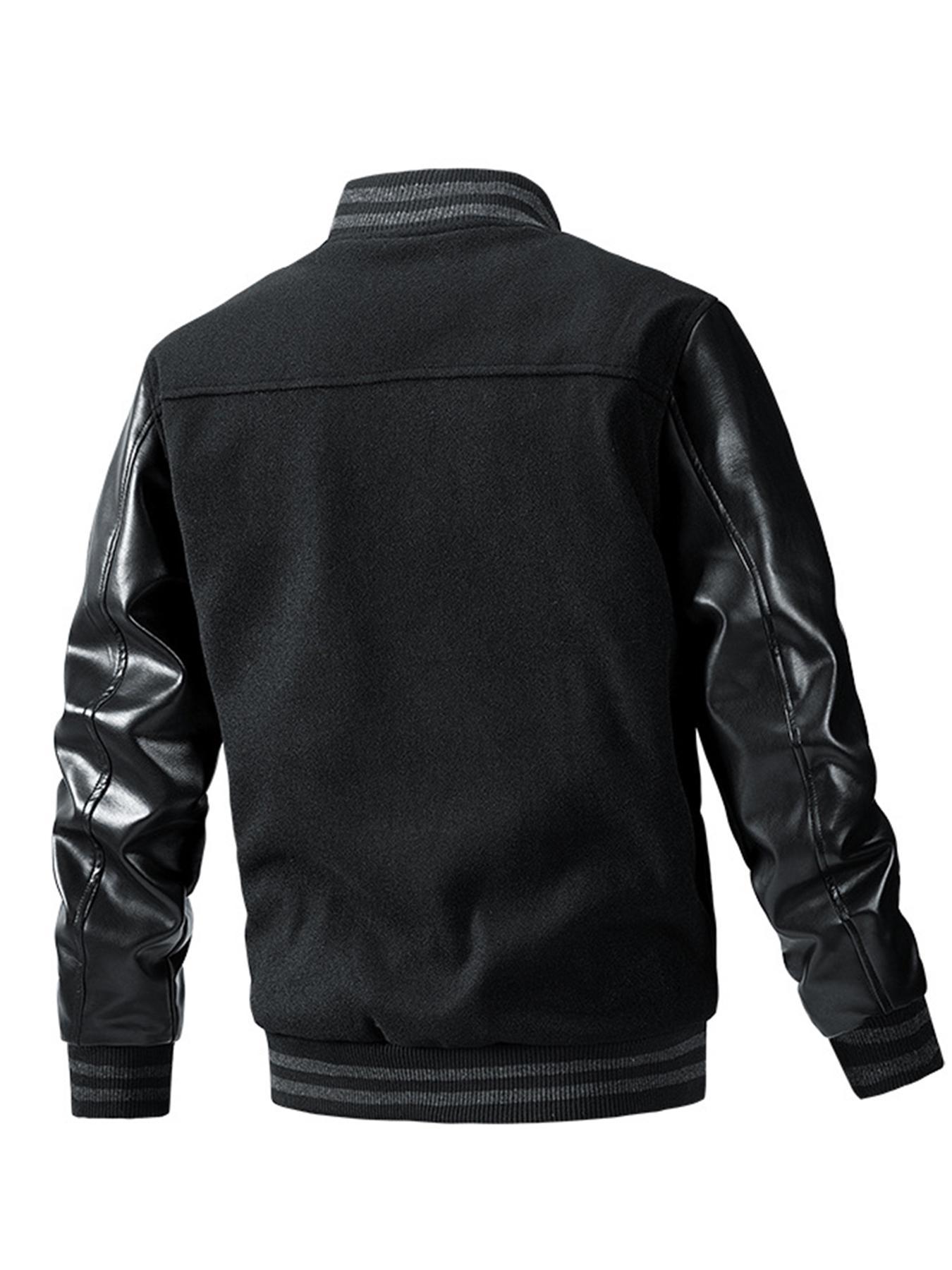 Men's Letter Embroidery Pocket PU Leather Baseball Jacket, Loose Preppy Casual Aesthetic Style Long Sleeve Button Front Outerwear for Fall & Winter, Men's Clothes for Daily Wear