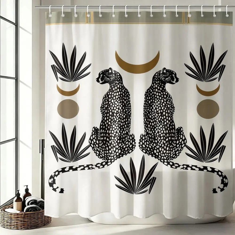 1Pcs Boho Cheetah Print Shower Curtain, Abstract Animal Bathtub Privacy Curtain, Mid-Century Modern Bathroom Decor Set, Waterproof Cloth Fabric Bath Curtain for Home Decor with 12 Hooks, Aesthetic Shower Curtain