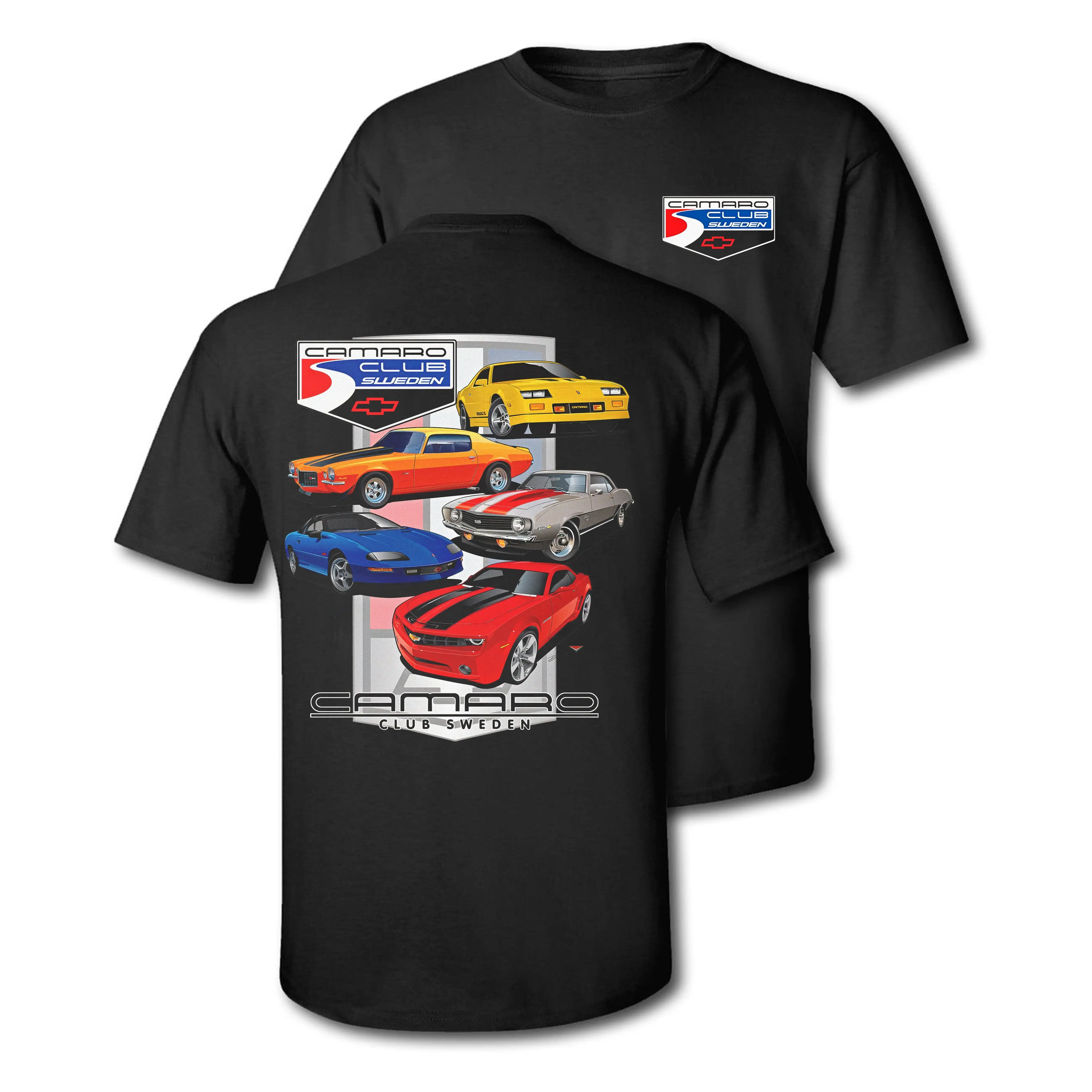 Camaro Club Sweden T-Shirt - Classic & Modern Camaro Generations Graphic Tee for Men's Wear, Short Sleeve, Cotton Material, Checkered Design unisex t-shirt graphic unisex shirt fit t-shirt