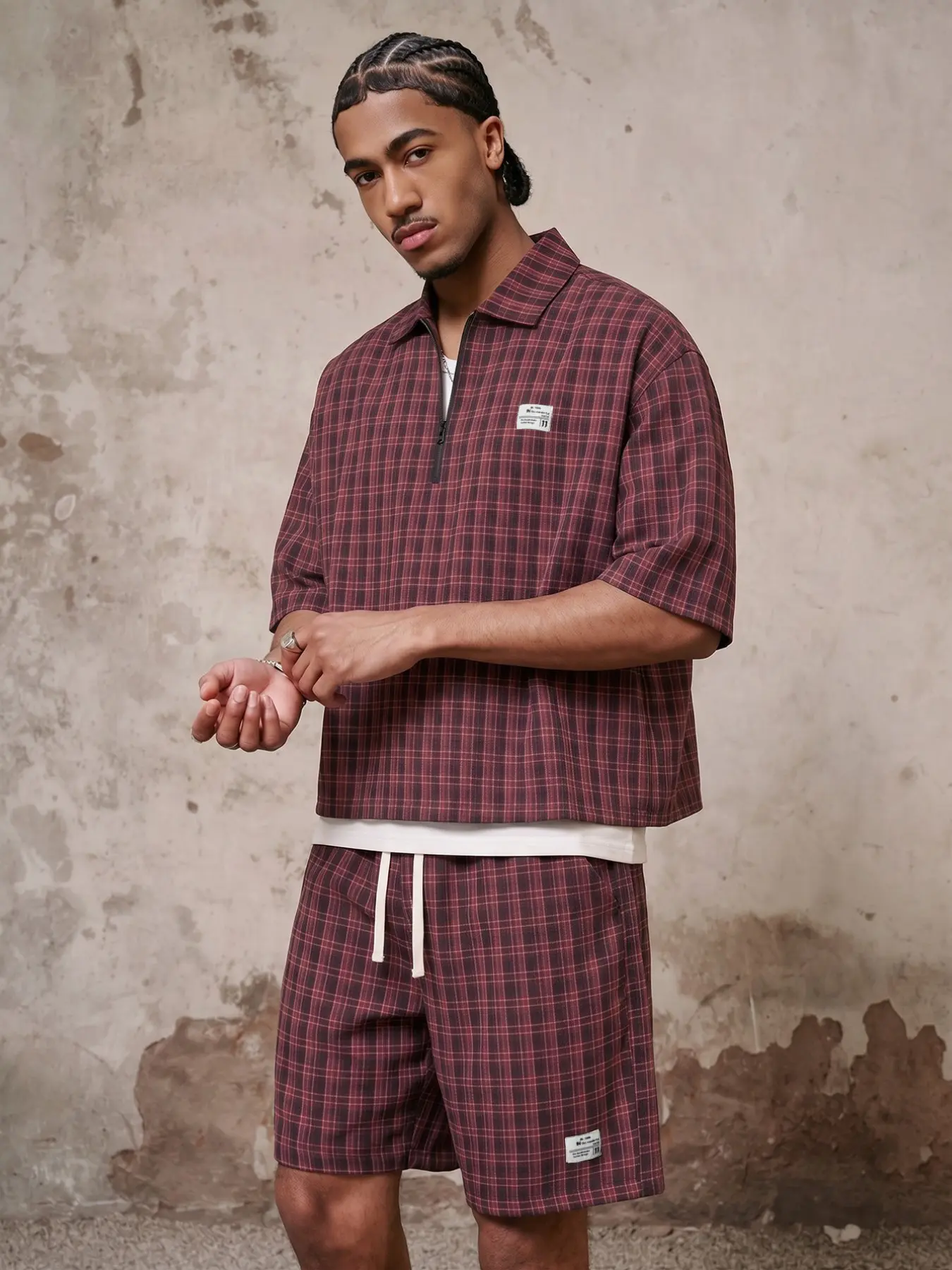 Men's Summer Casual Classic Plaid Two-Piece Set Outfit, Short Sleeve Half-Zip Polo Shirt and Drawstring Shorts, Streetwear Loose Retro Sports, Menswear Checked Clothes