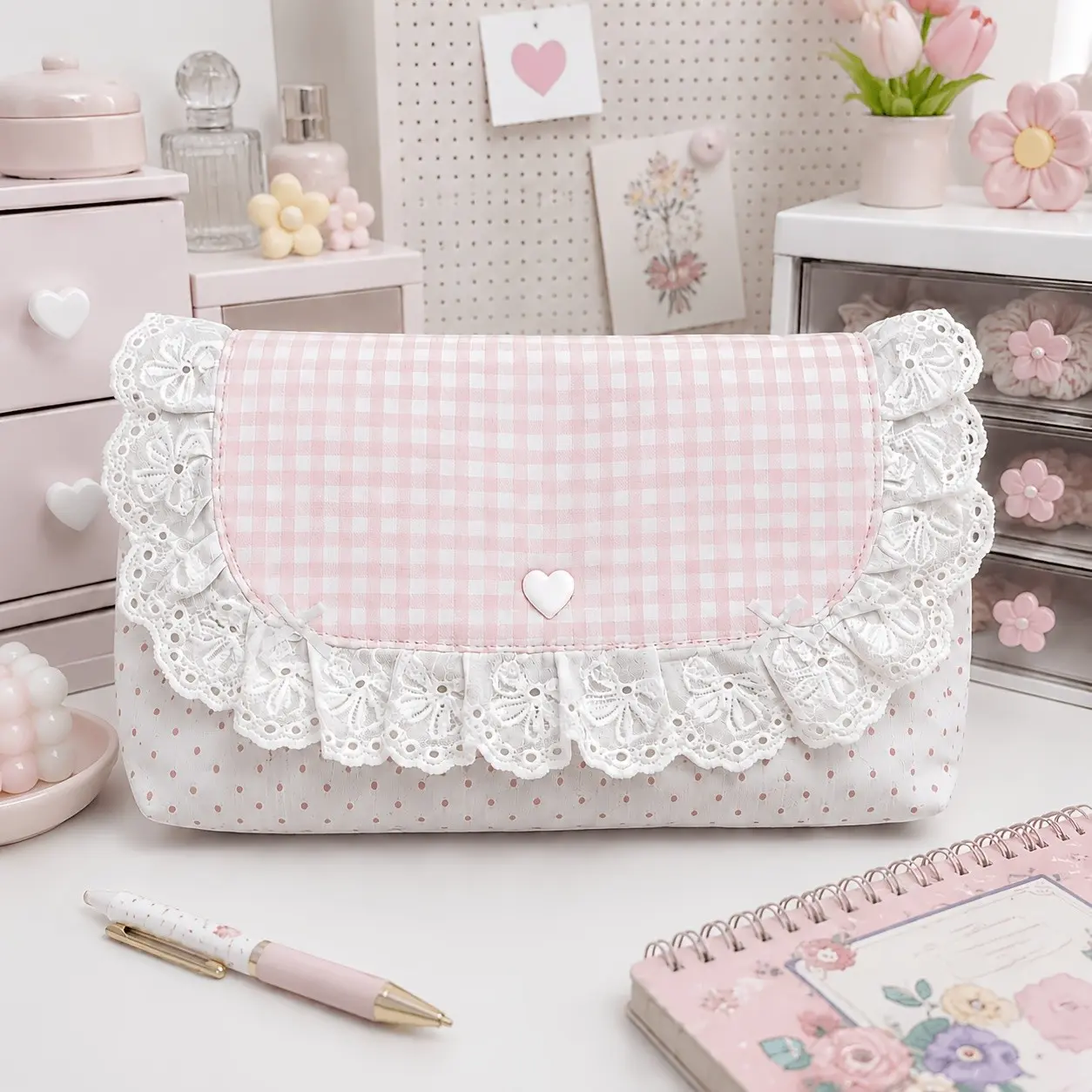 Plaid Lace Pen Bag, Compact Multi-Functional Organizer with Flip Cover, Ideal for Coins, Cards, Notes, Pens, School, Office, Travel