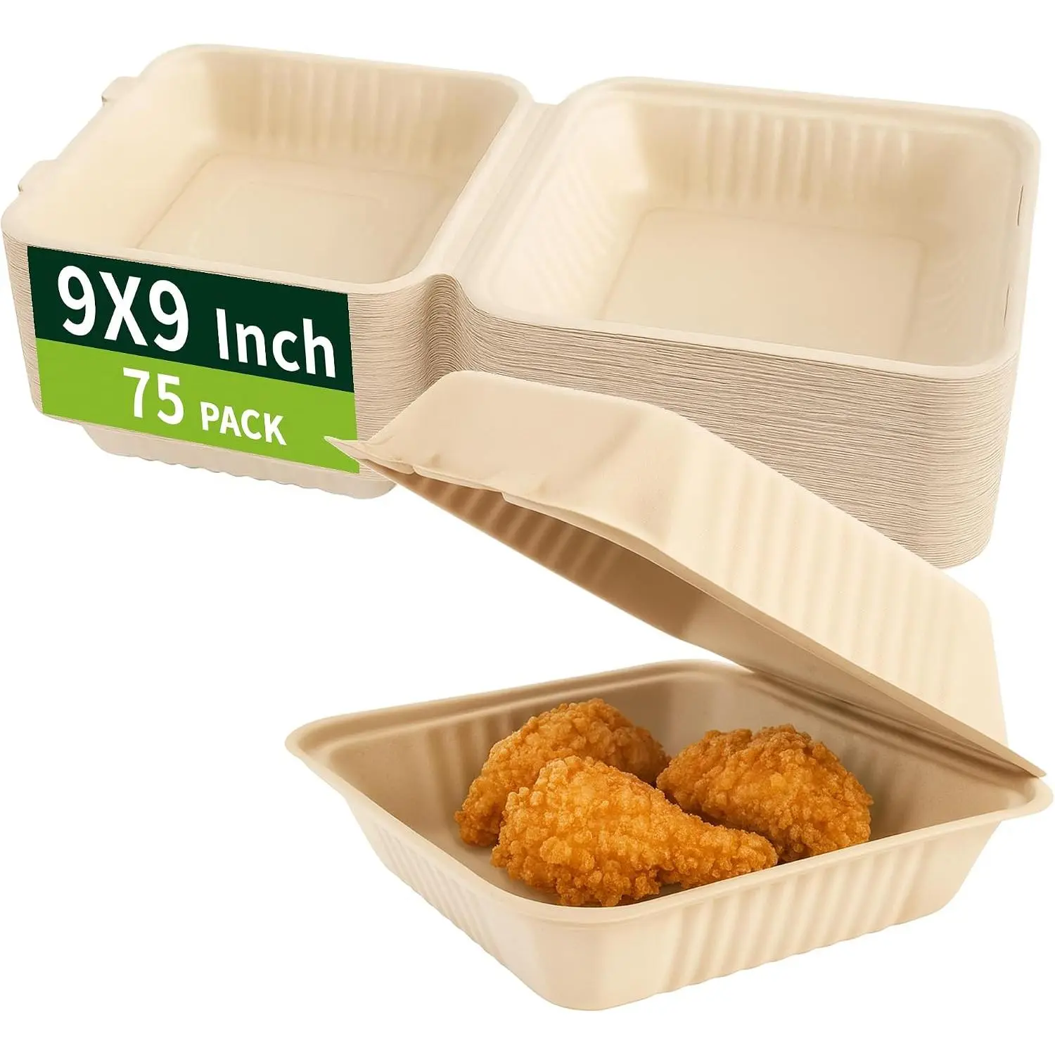 Thick 9x9 Inch Single Compartment Compostable Degradable Sugarcane Bagasse Clamshell To Go Boxes, 75-Pack Disposable Microwave-Safe Containers for Portable Lunch & Food Storage Solutions