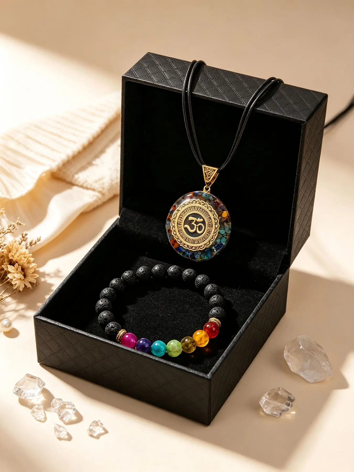 4pcs Chakra Crystal Stone Set, Om Symbol Pendant & Diffuser Bracelet, Natural Resin Stones, Ideal for Meditation & Daily Wear