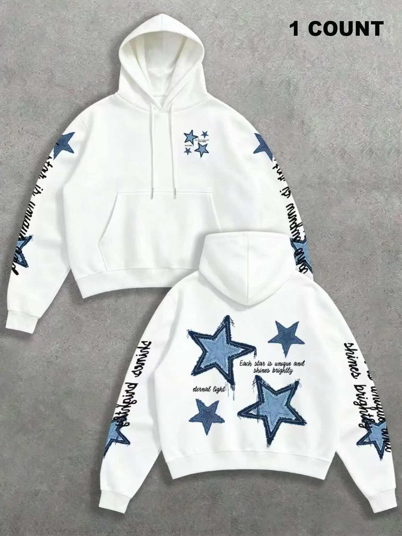 Men's Casual Loose Fit Hooded Sweatshirt, Letter Star Pattern Print, Fleece Lined, Fall & Winter, Versatile Top, No Button or Zipper