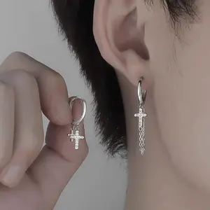 1pair Fashion Unisex Asymmetric New In Hip-Hop Tassel cross Earrings For Women Men Teens Pendient Ear Stud Jewelry Accessories